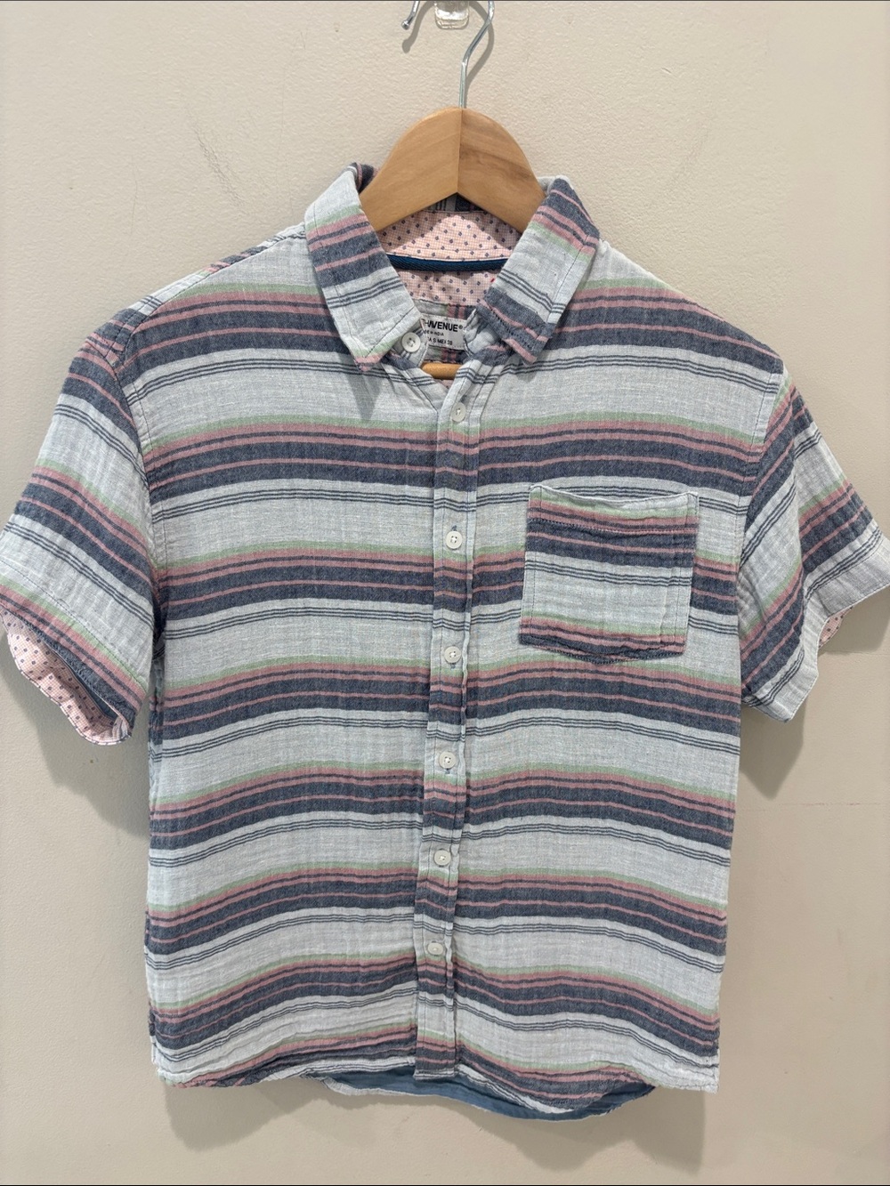 Youth Short-Sleeve Striped Button-Down Shirt in Mint, Navy & Rose Small